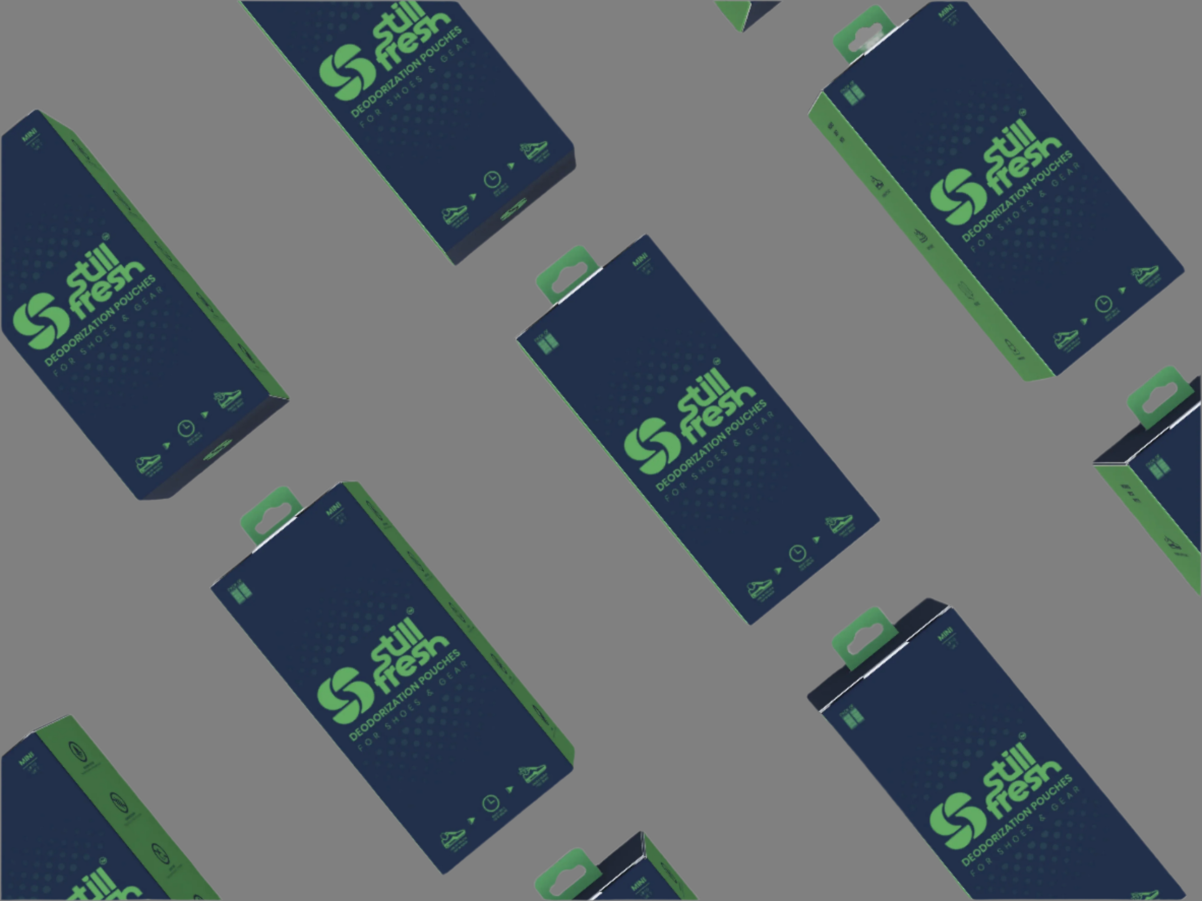 Pattern of 'Still Fresh' packaging on a white background