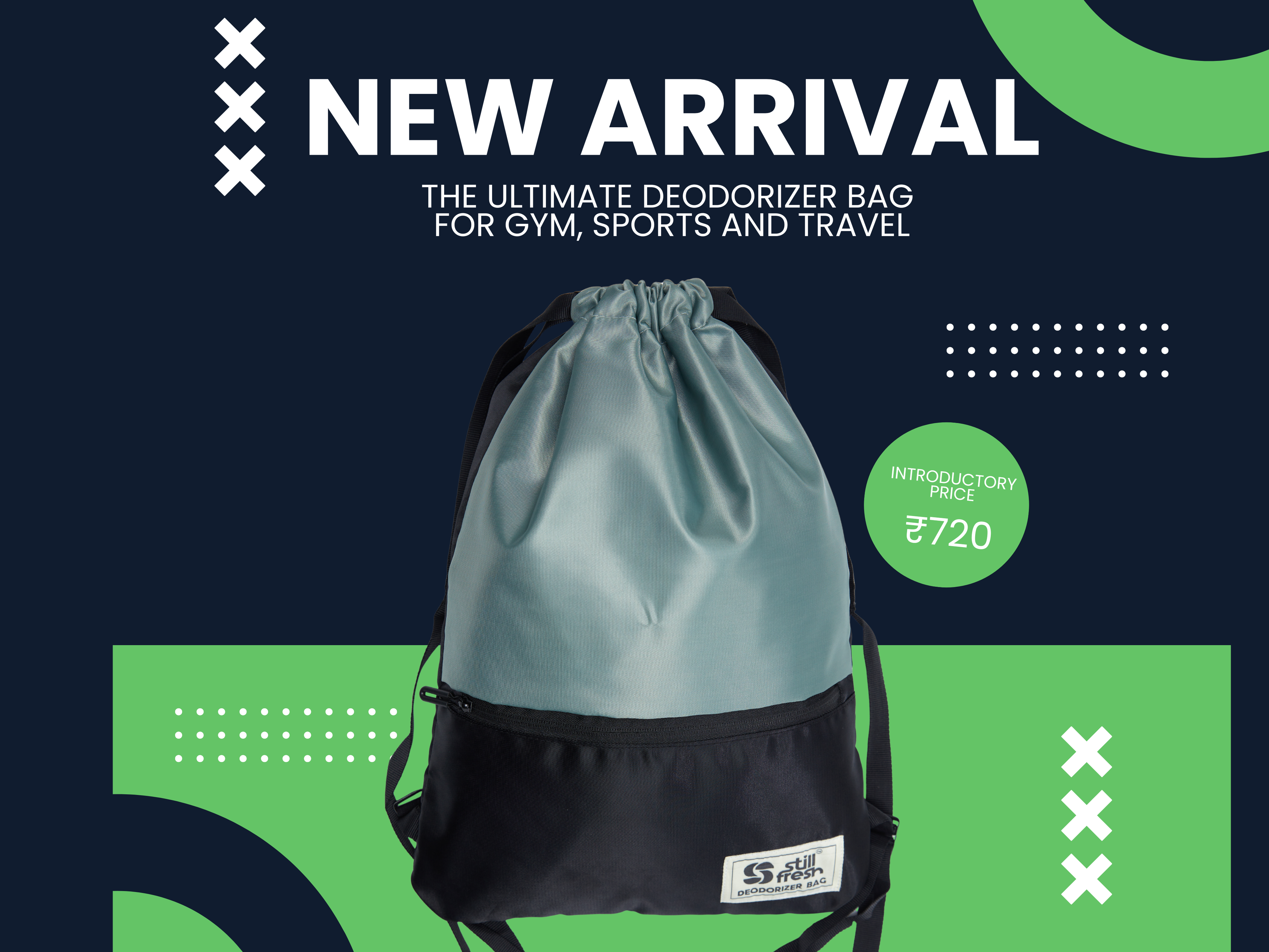 Drawstring bag with 'New Arrival' text on a dark blue and green background